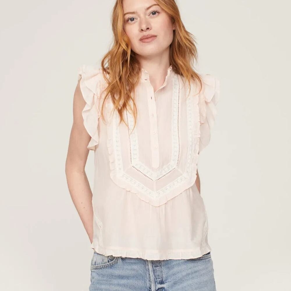 Zadig & Voltaire Tama Tomboy Top Ruffle Cap Sleeve Victorian Boho Blouse Pink M